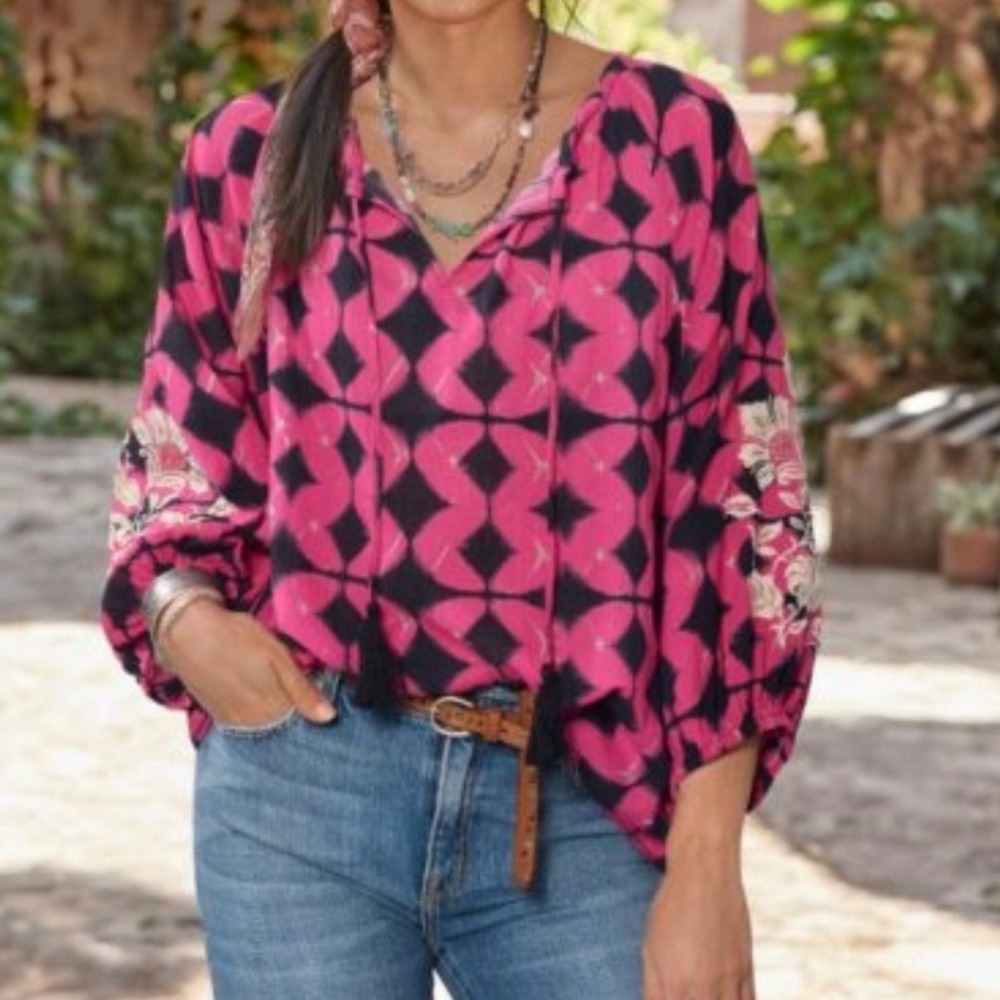 Sundance Embroidered Tie Dye Peasant Baloon Sleeve Blouse Cotton Tassel Top Sz M